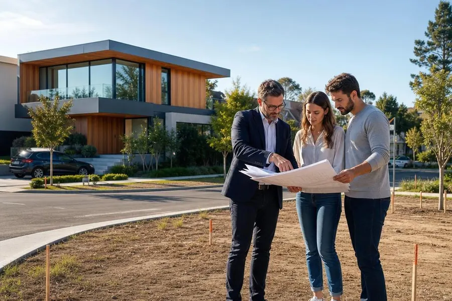 Architekt für Fertighaus und Grundstück berät Bauherren-Paar direkt auf dem Eckgrundstück mit Bauplänen – Grundstücksanalyse und Machbarkeitsstudie vor dem Fertighaus-Kauf