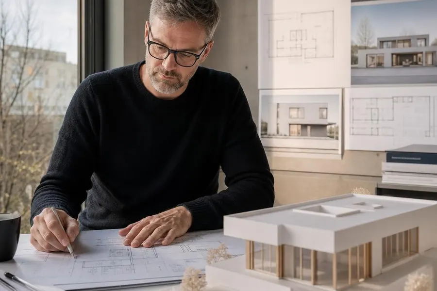 Fertighaus Architekt plant individuelles Fertighaus am Schreibtisch: Baupläne und Architekturmodell eines ultramodernen Hauses mit Flachdach – Fertighaus individuell planen lassen