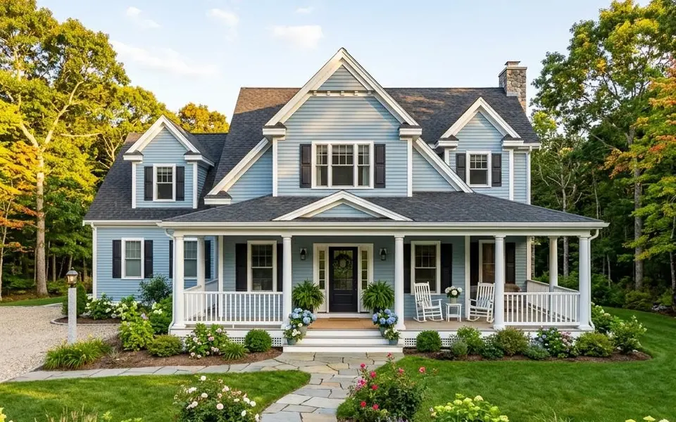 Fertighaus im amerikanischen Stil mit umlaufender weißer Veranda und hellblauer Holzfassade – New-England-Preise 2026