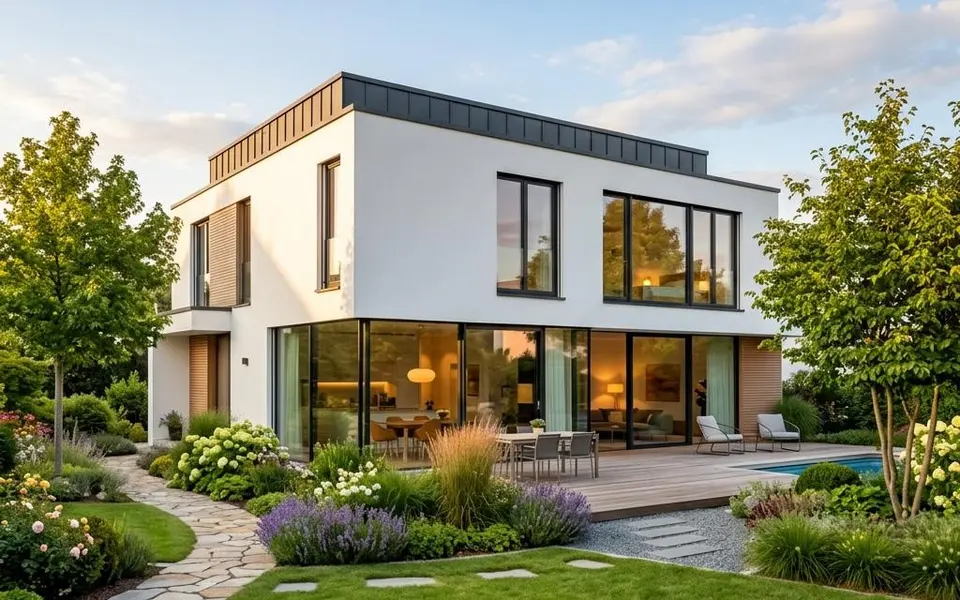 Fertighaus Flachdachhaus im Bauhausstil mit weißen Kuben und großen Glasflächen – Preise 2026