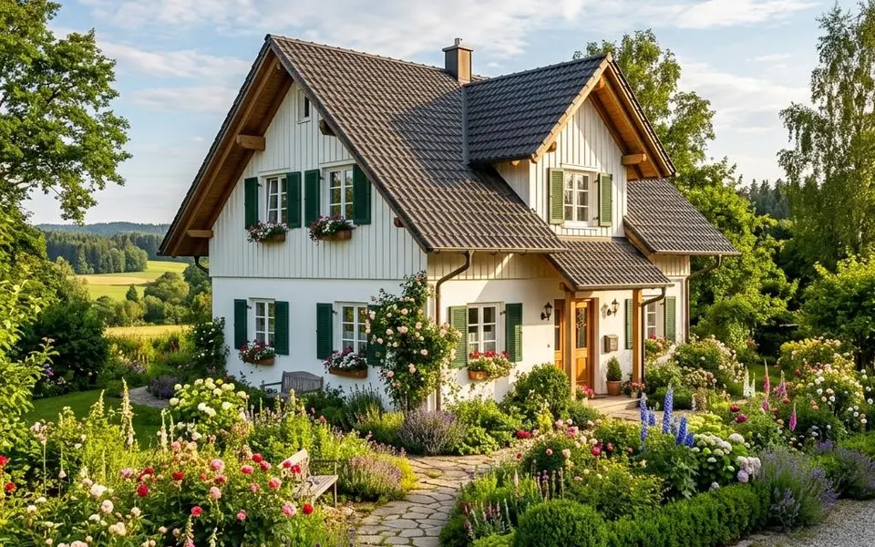 Fertighaus Landhaus mit Satteldach, Sprossenfenstern, Fensterläden und Bauerngarten – Landhausstil-Preise 2026