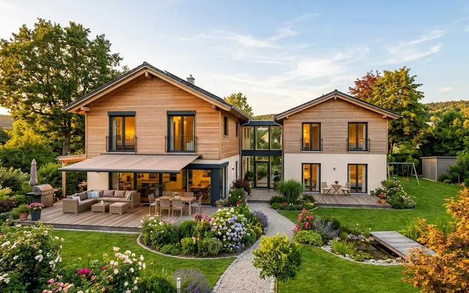 Fertighaus Mehrgenerationenhaus mit zwei verbundenen Baukörpern, Terrassen und großem Familiengarten – Preise 2026
