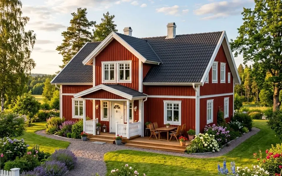 Fertighaus Schwedenhaus in Falunrot mit weißen Sprossenfenstern und Satteldach – skandinavisch bauen 2026