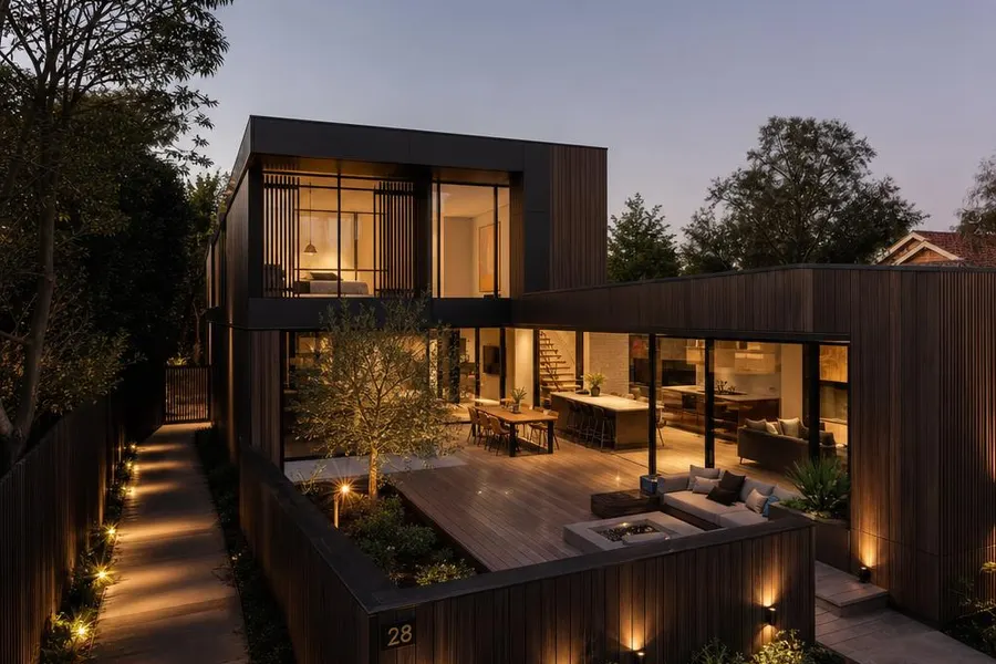 Individuelles Fertighaus nach Maß: maßgeschneidertes Architektenhaus mit L-förmigem Grundriss, Holzfassade und bodentiefen Fenstern, perfekt auf das schmale Grundstück geplant