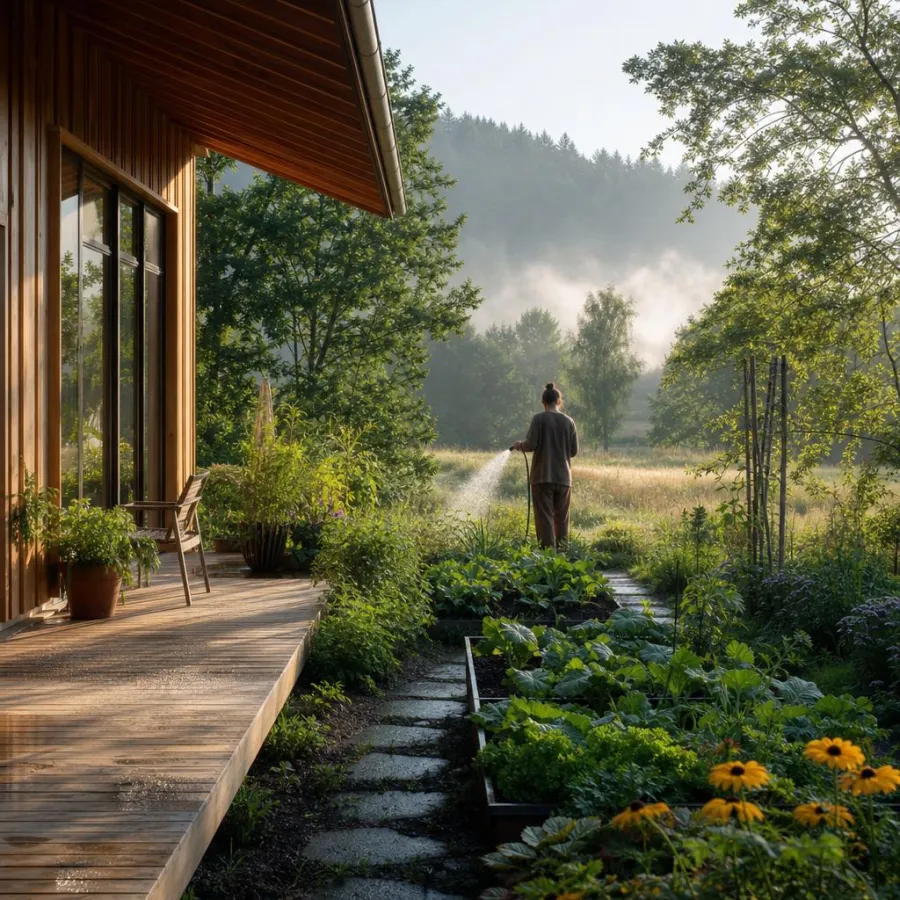 Natürlich wohnen und nachhaltig bauen: Holzterrasse eines Ökohauses geht in üppigen Naturgarten mit Gemüsebeeten und Wiese über – naturverbundenes, gesundes Wohnen