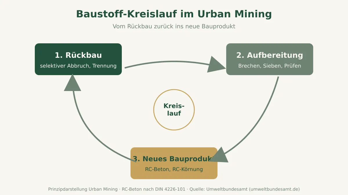 Kreislaufdiagramm des Urban Mining vom selektiven Rückbau über die Aufbereitung bis zum neuen Bauprodukt
