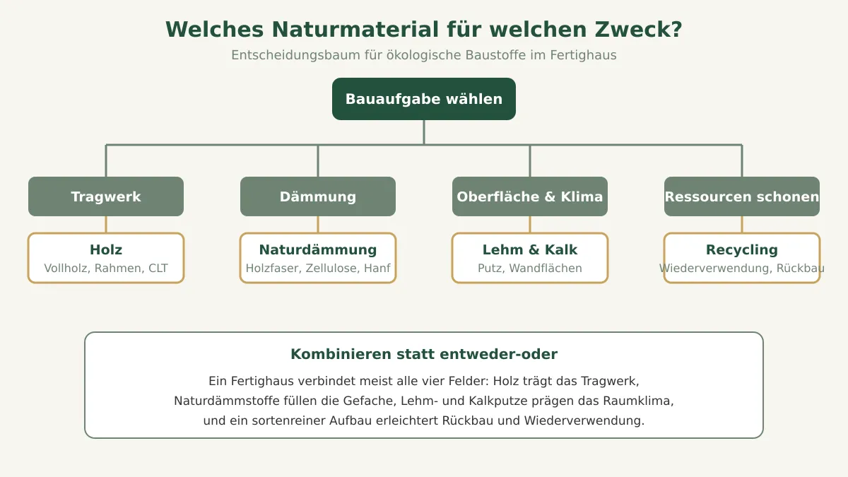 Entscheidungsbaum zur Auswahl ökologischer Baustoffe je nach Bauaufgabe im Fertighaus