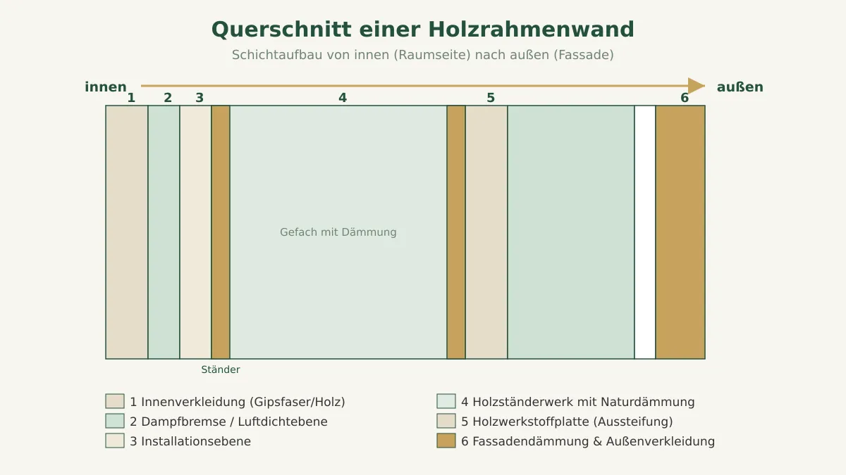 Schichtaufbau einer Holzrahmenwand im Querschnitt von der Innenverkleidung bis zur Fassade