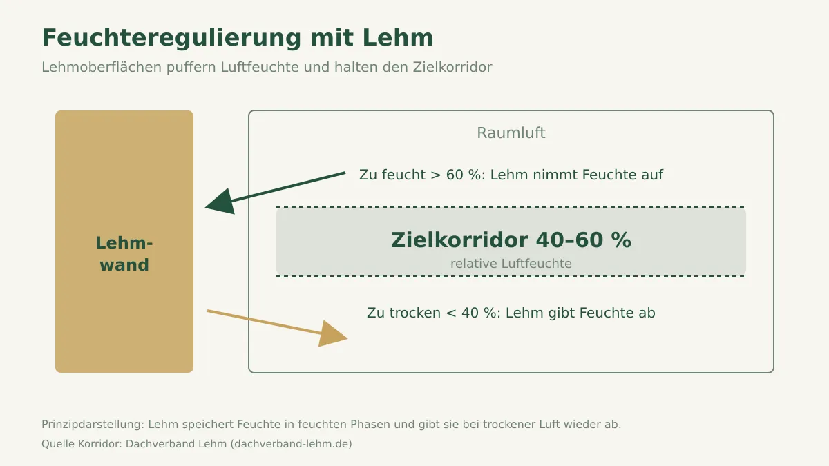 Schema zur Feuchteregulierung: eine Lehmwand nimmt bei feuchter Luft Wasser auf und gibt es bei trockener Luft ab, Zielkorridor 40 bis 60 Prozent