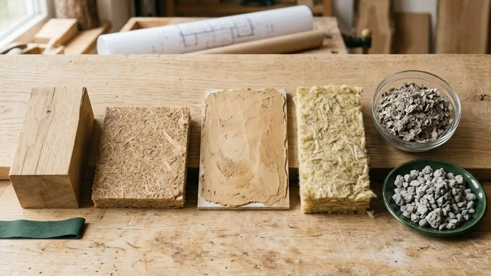 Übersicht ökologischer Baustoffe für das Fertighaus mit Holz, Naturdämmung und Lehmputz nebeneinander