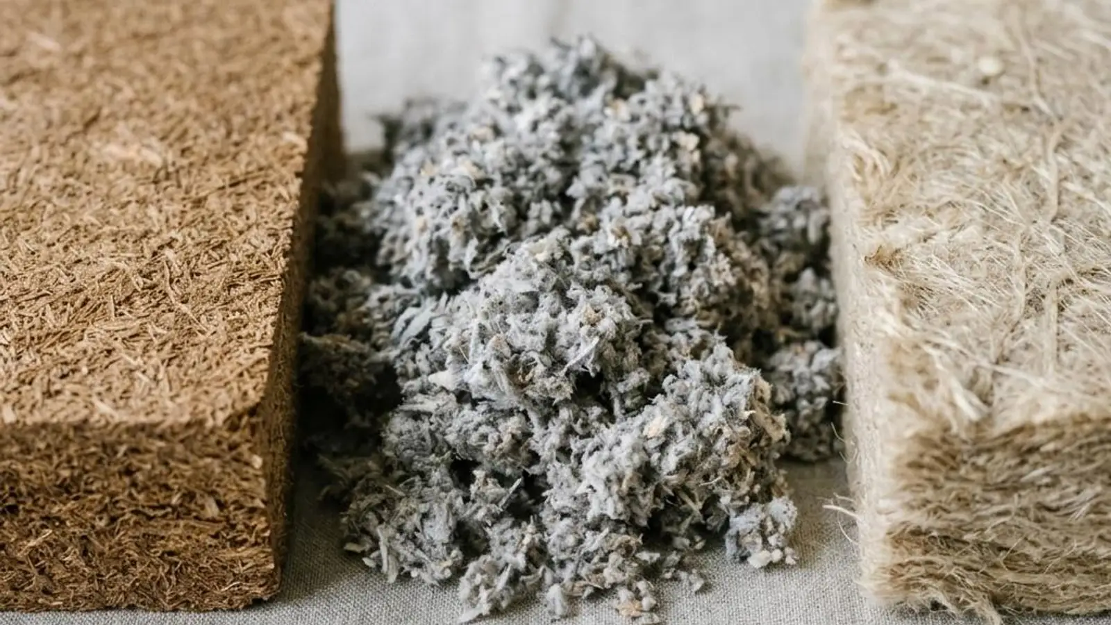 Ökologische Dämmstoffe aus Holzfaser, Zellulose und Hanf nebeneinander als Platten und Flocken