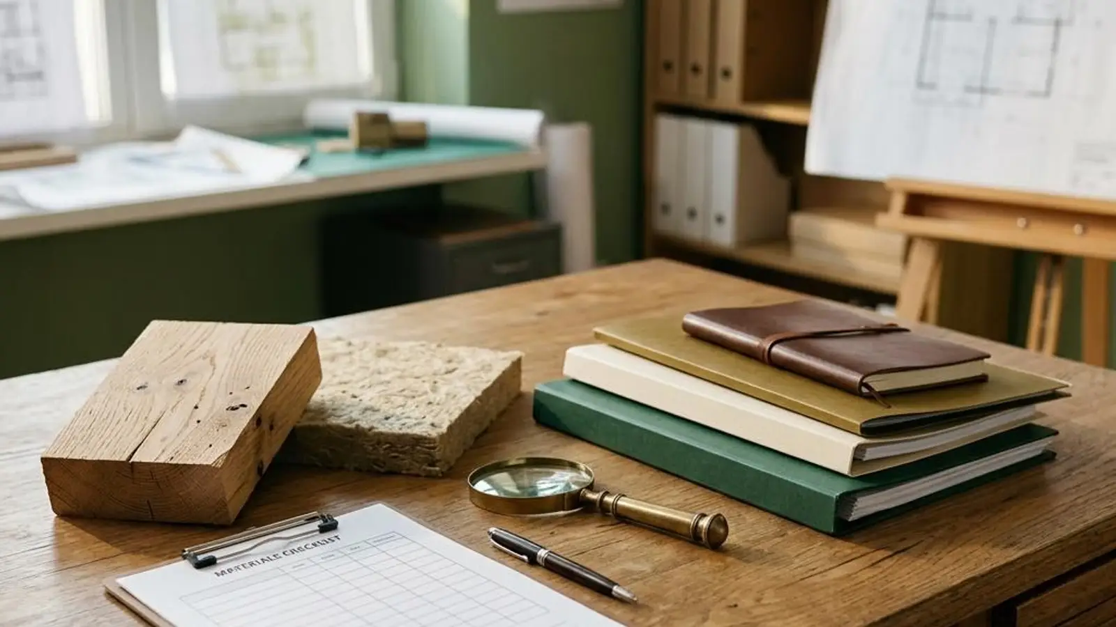 Prüfung von Unterlagen für die Zertifizierung im ökologischen Bauen an einem Schreibtisch