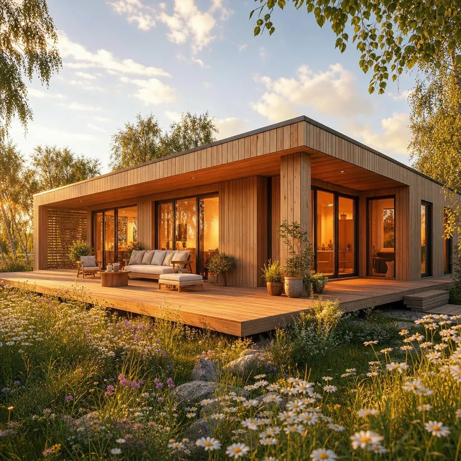 Ökohaus als nachhaltiges Fertighaus: ökologische Holzfassade, große dreifach verglaste Fenster, Regenwassernutzung und naturnaher Garten – ökologisch bauen mit schadstoffarmen Baustoffen